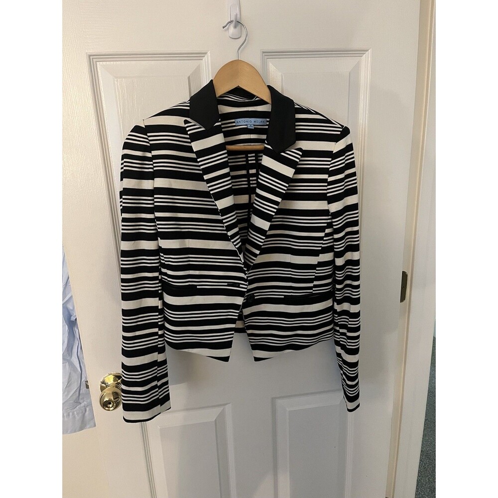 Antonia Melani Black Cream Striped One Button Jacket Size 4 Career Blazer